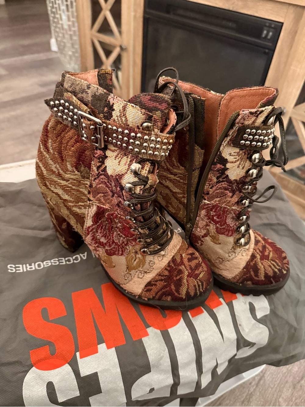 Jeffrey Campbell Tapestry Floral Lace-Up Ankle Boots in Burgundy and Brown